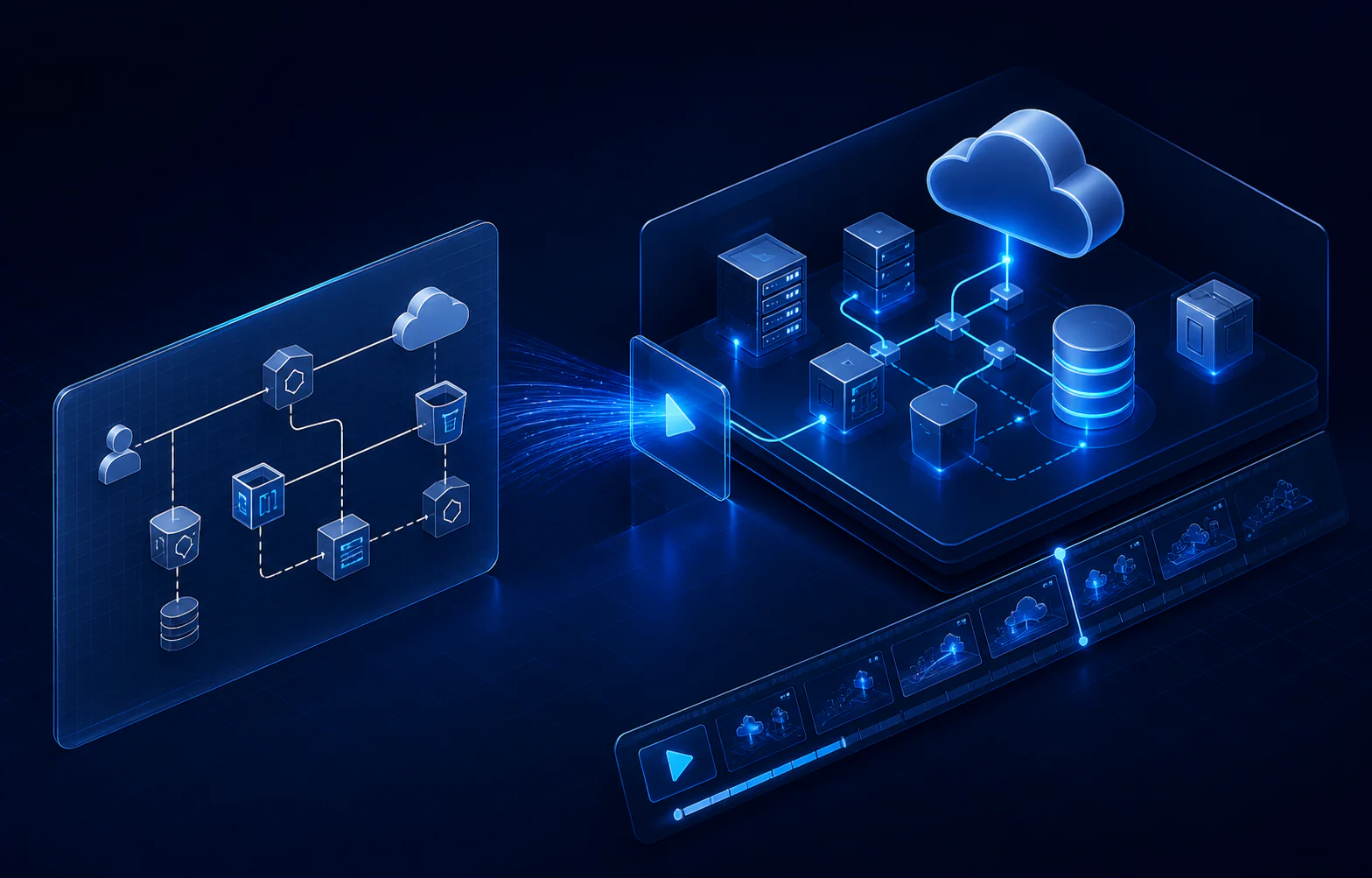 Cloud architecture diagram connected to a narrated video timeline